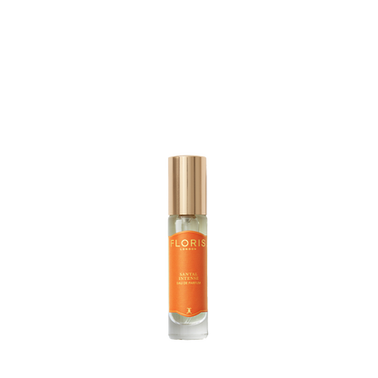 A small glass bottle of Floris London Santal Intense Eau de Parfum, with a gold cap and orange label, shown against a plain white background.