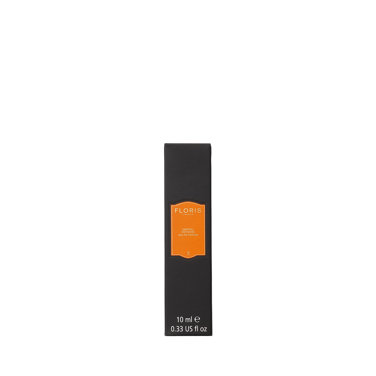 A 10ml Floris London Santal Intense Eau de Parfum bottle, in a black rectangular box with an orange label, displayed on a plain white background.