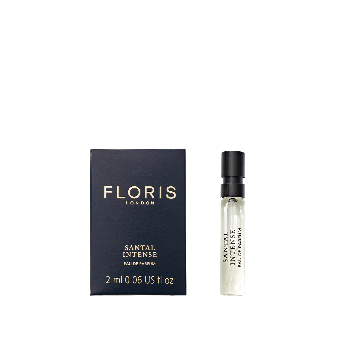 A Floris London Santal Intense - Eau de Parfum sample vial is shown next to its black and gold box on a white background.