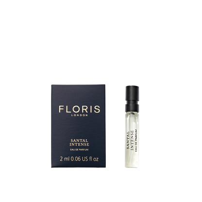 A Floris London Santal Intense - Eau de Parfum sample vial is shown next to its black and gold box on a white background.