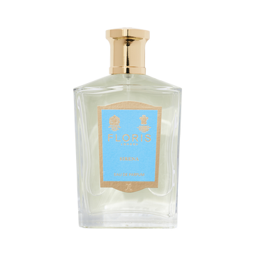 Floris London Sirena - Eau de Parfum in a clear glass bottle with a gold cap and light blue label; fresh tropical floral scent on white background.