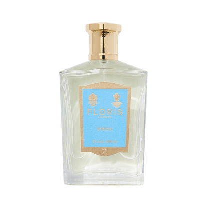 Floris London Sirena - Eau de Parfum in a clear glass bottle with a gold cap and light blue label; fresh tropical floral scent on white background.