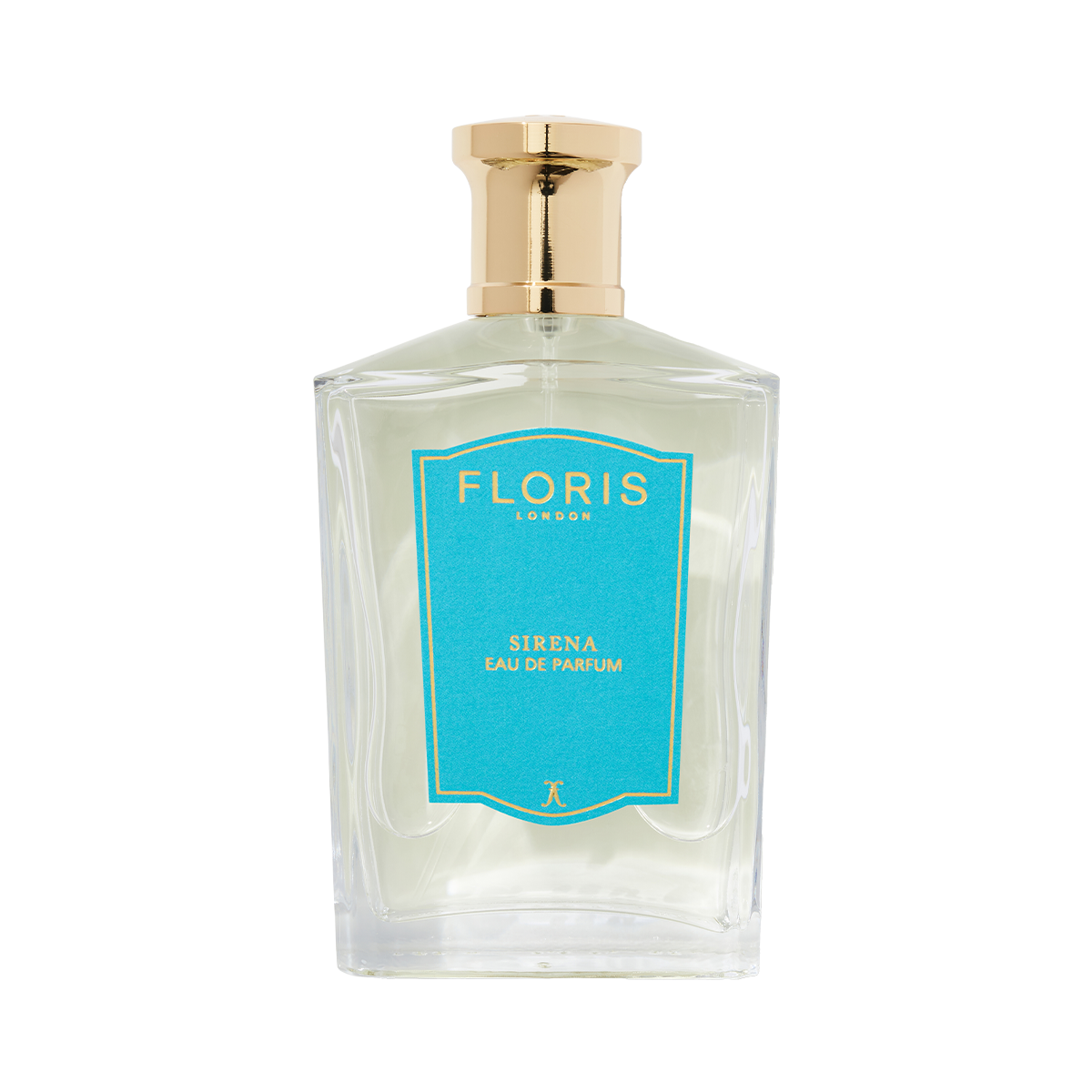 Clear glass bottle of Floris London Sirena - Eau de Parfum, a fresh floral scent with jasmine notes, gold cap, and blue label shown on a white background.