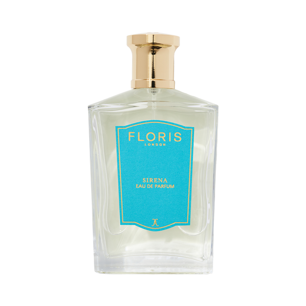 Clear glass bottle of Floris London Sirena - Eau de Parfum, a fresh floral scent with jasmine notes, gold cap, and blue label shown on a white background.