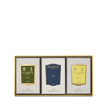 Floris London EU Soap Collection | For Him: a gift set of three soaps in Elite, No. 89, and Cefiro men’s scents, elegantly boxed.