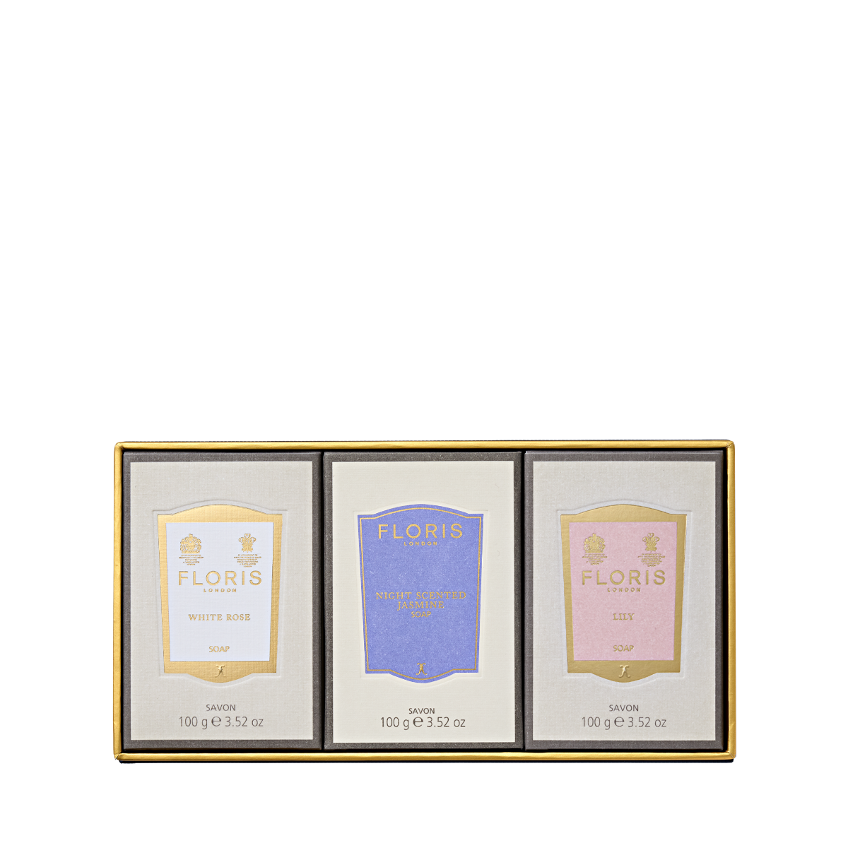 The Floris London Soap Collection | For Her features three 100g bars—White Rose, Lavender, and Lily—for a touch of floral elegance.
