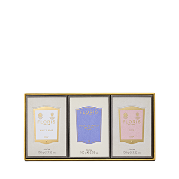 The Floris London Soap Collection | For Her features three 100g bars—White Rose, Lavender, and Lily—for a touch of floral elegance.