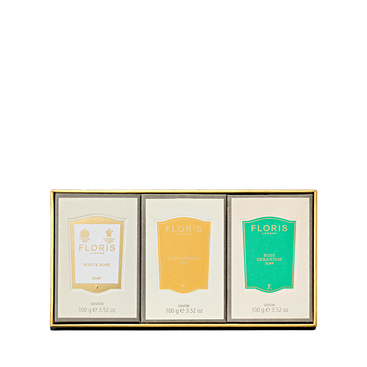 The Floris London EU Soap Collection | For Her features three signature floral soaps elegantly presented in a white box for a luxurious experience.