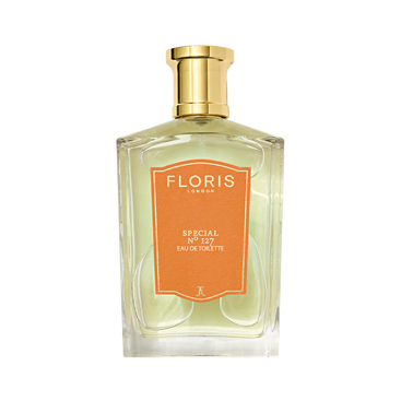 A clear glass bottle of Floris London Special No. 127 Eau de Toilette, a citrus floral scent, with a gold cap and orange label on white.