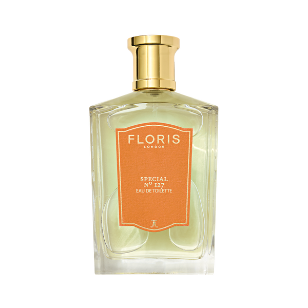 A Floris London Special No. 127 Eau de Toilette with a gold cap and orange label, offering historic elegance in lavender and bergamot notes.
