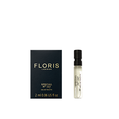 A 2 ml Floris London Special No. 127 Eau de Toilette sample vial, a citrus floral scent, displayed with its black and gold box.