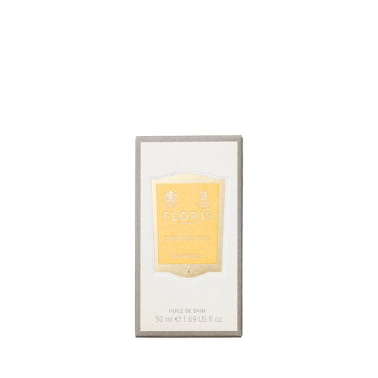 Rectangular box of Floris London Stephanotis Bath Essence, 50 ml (1.69 US fl oz), with a yellow label on a white background.