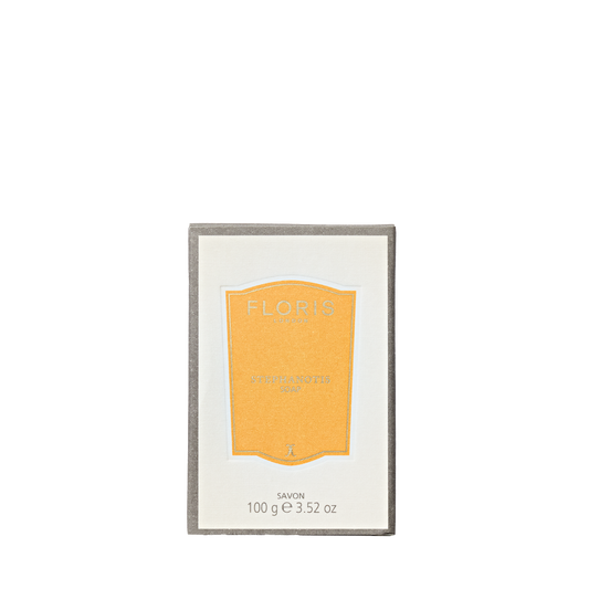 A 100g rectangular box of Floris London EU Stephanotis Soap, finely milled and fragranced, features an orange and white design.