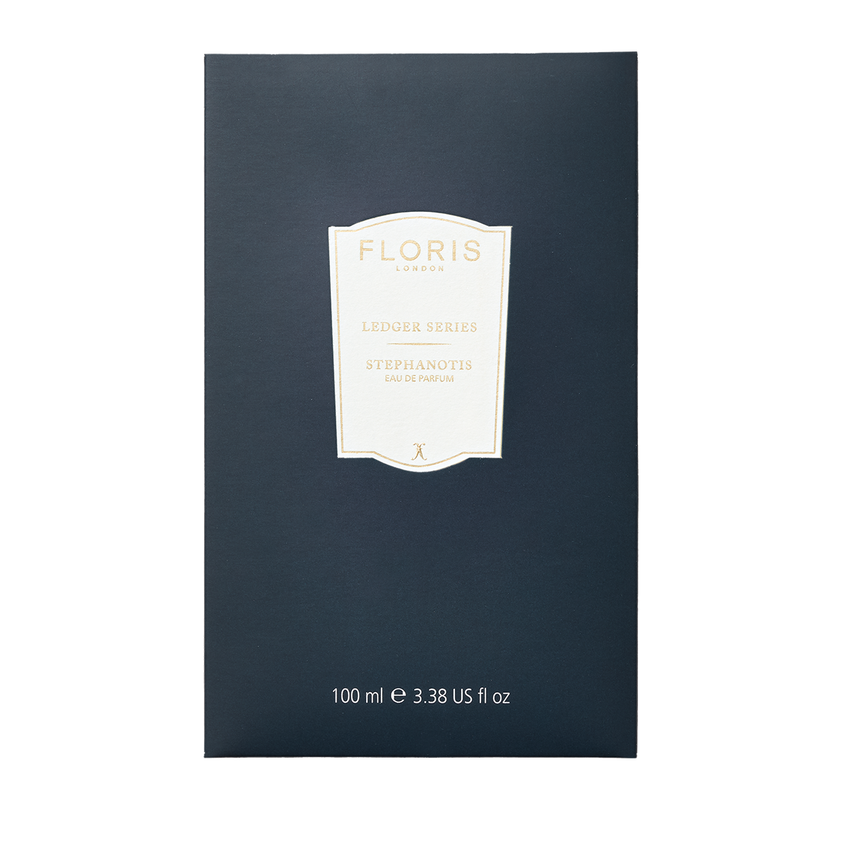 A navy blue box labeled "Floris London EU Stephanotis," a 100 ml perfume featuring a refined, long-lasting stephanotis fragrance.
