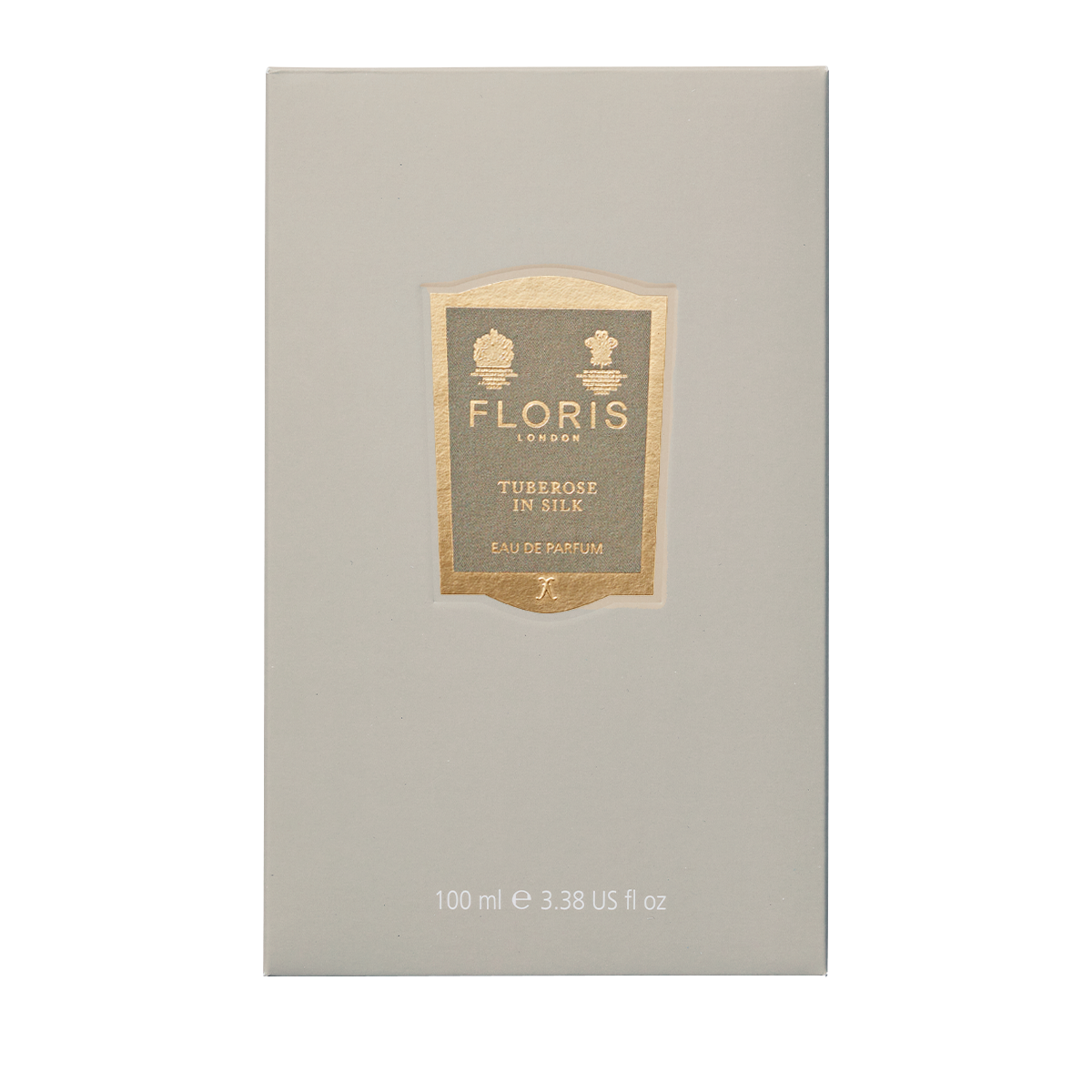 A beige box of Floris London Tuberose in Silk - Eau de Parfum, 100ml, features a gold label with product details on the front.