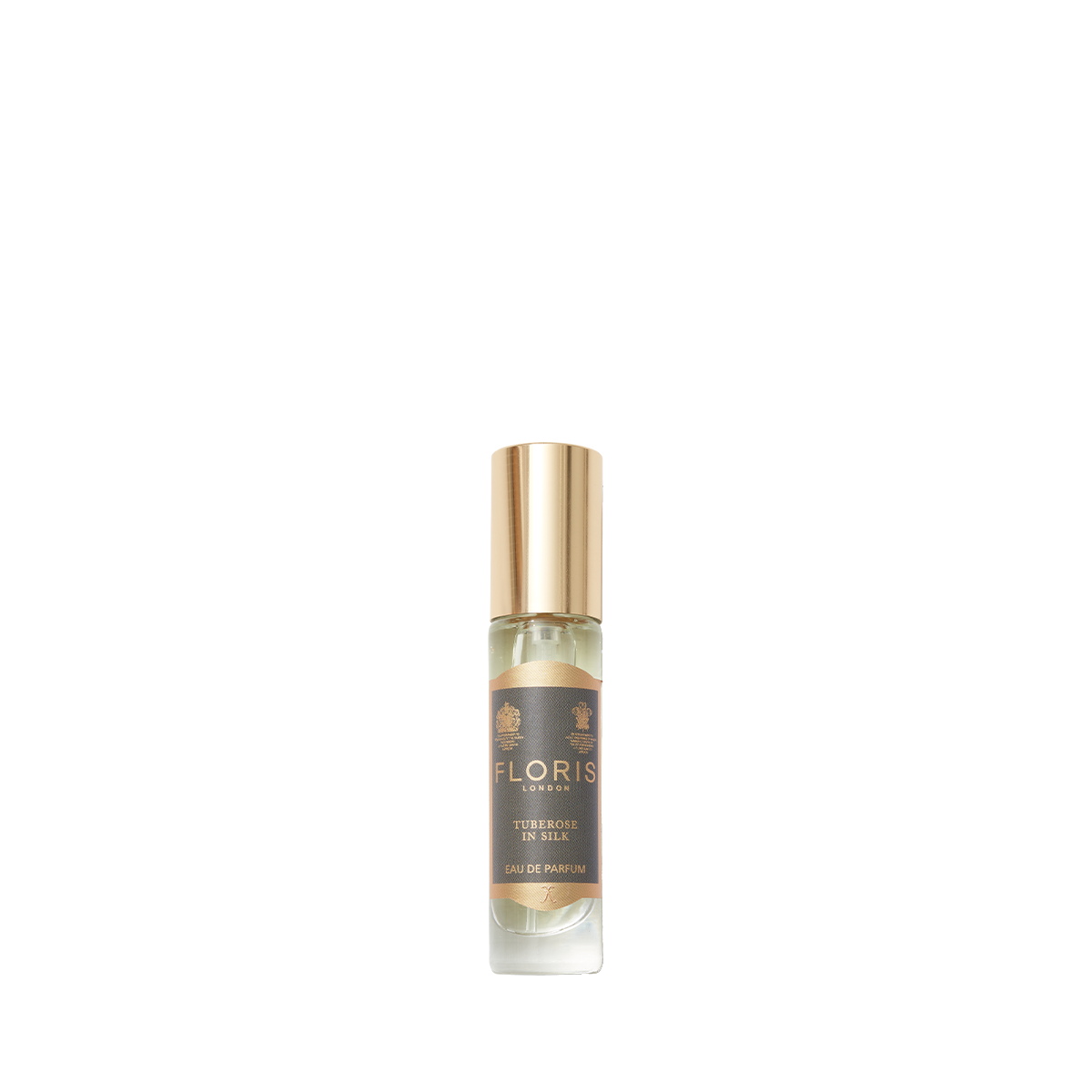 A small glass bottle of Floris London Tuberose in Silk - Eau de Parfum with a gold cap, set against a plain white background.