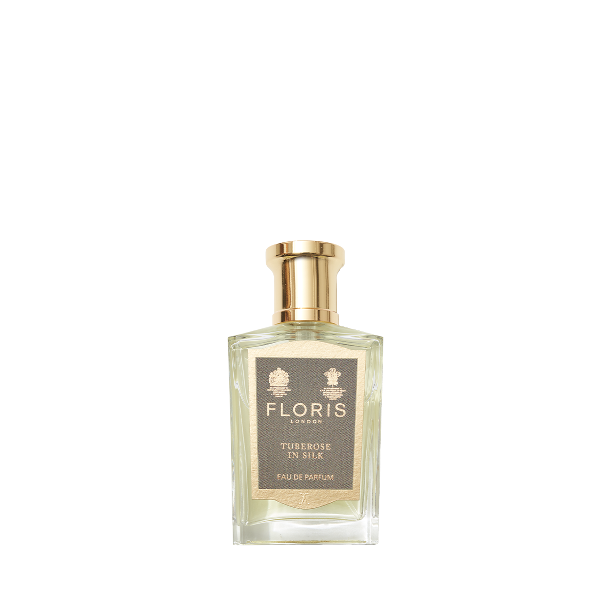 A clear glass bottle of Floris London Tuberose in Silk - Eau de Parfum with a gold cap and label, displayed against a plain white background.