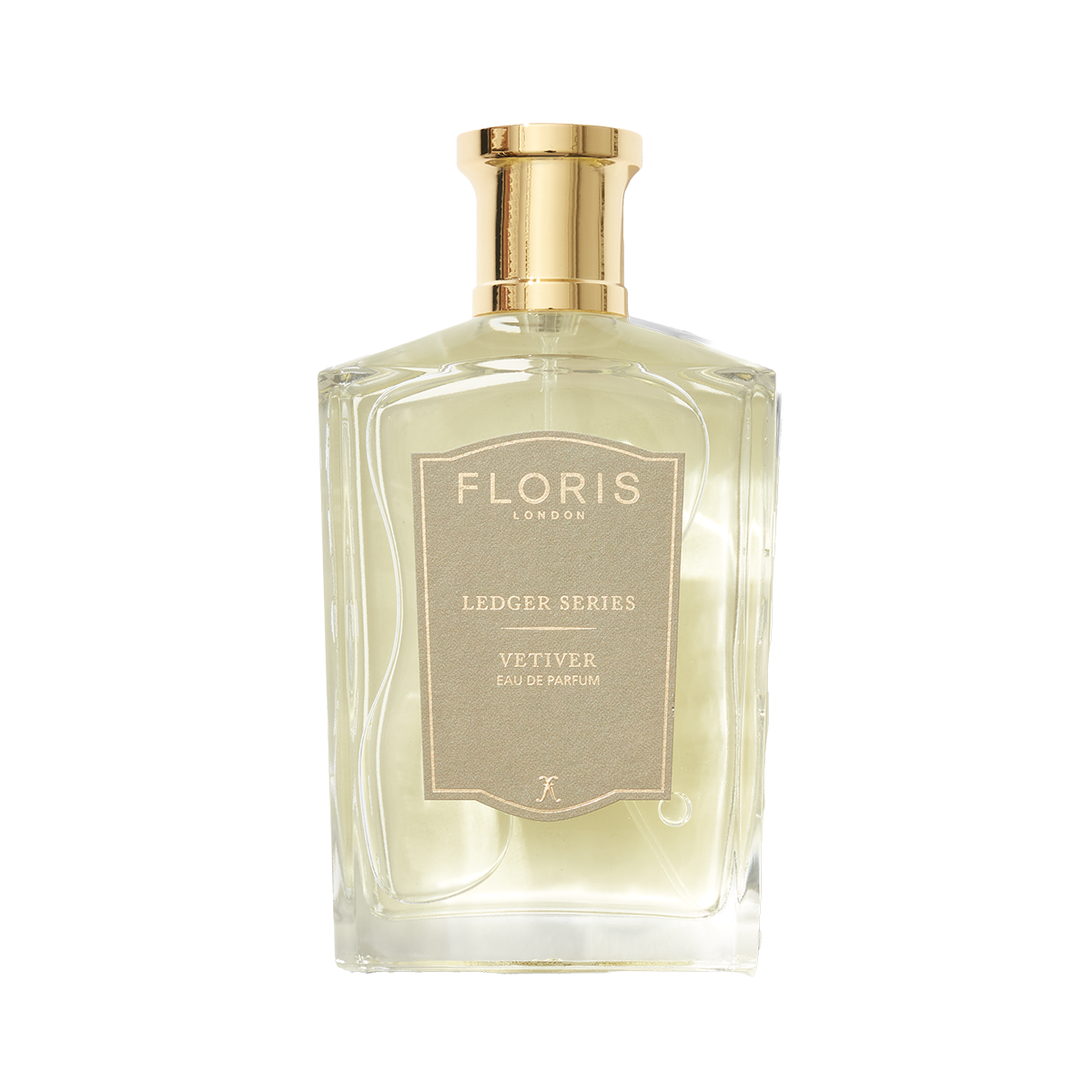A clear glass bottle of Floris London EU Vetiver, a long-lasting vetiver fragrance with amber notes, photographed on a plain background.