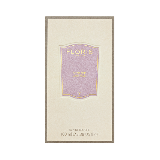 A 100 ml rectangular box of Floris London Violet - Mouthwash with a purple label and gold text contains concentrated luxury mouthwash.