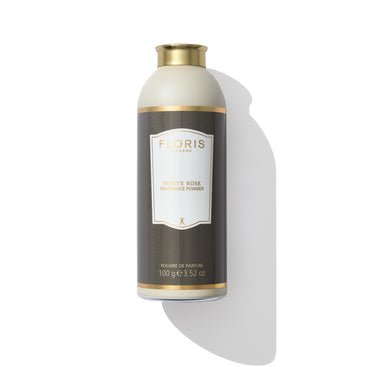 A 100g bottle of Floris London EU White Rose - Fragrance Powder with a gold cap and label, displayed vertically on a white background with a visible shadow.