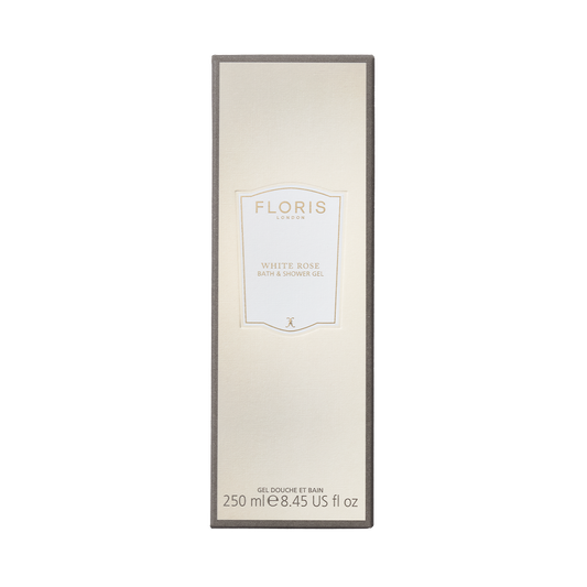 A rectangular box of Floris London White Rose - Moisturising Bath & Shower Gel, 250ml, with a floral scent and minimalist cream and grey design.