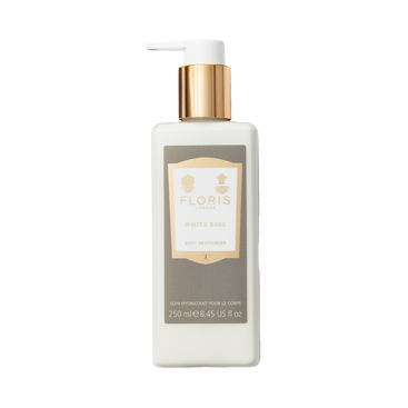 A 250ml rectangular Floris London White Rose - Enriched Body Moisturiser with sweet almond oil, gold accents, and a pump dispenser.