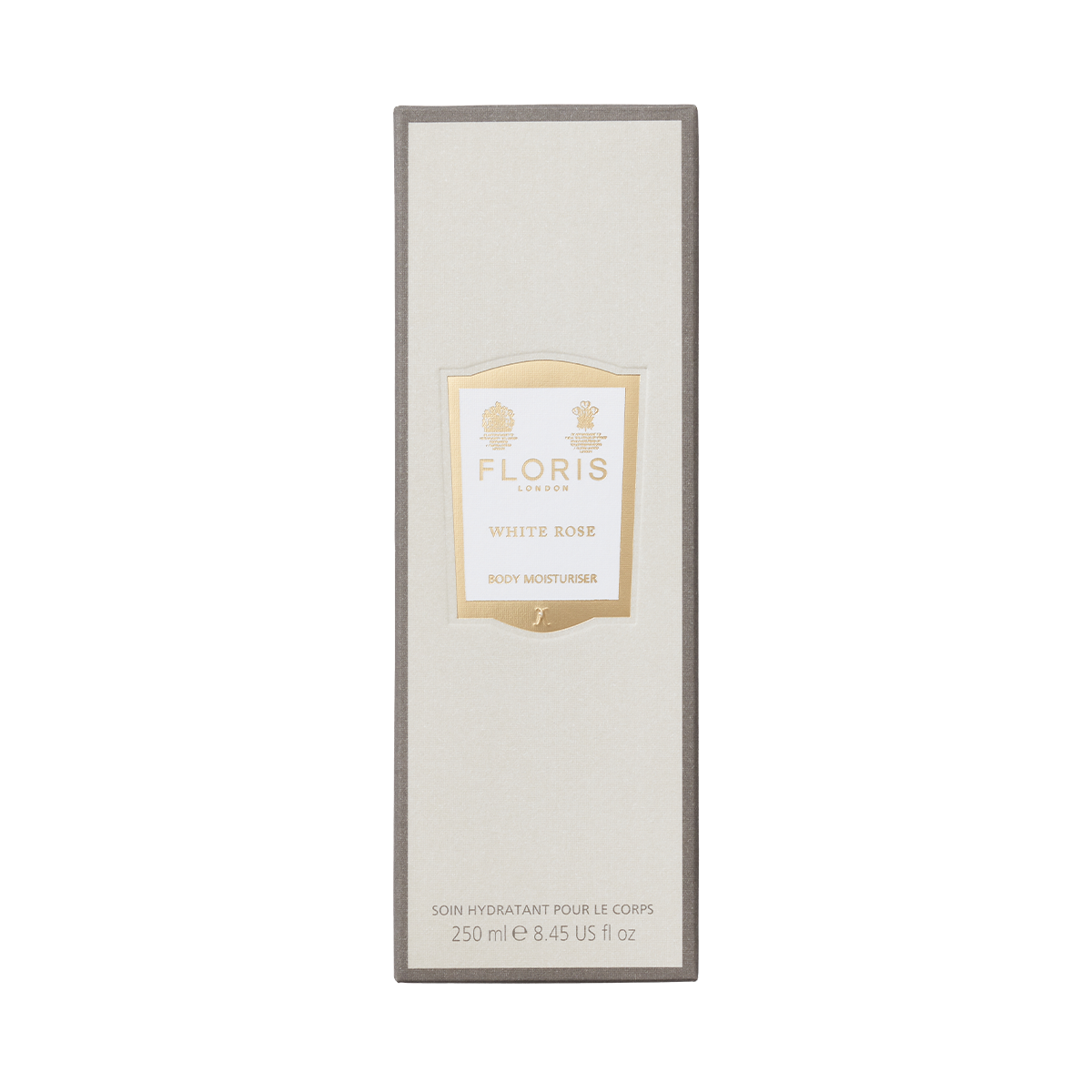 A rectangular box of Floris London White Rose - Enriched Body Moisturiser, 250 ml, with sweet almond oil and a beige-gold label.