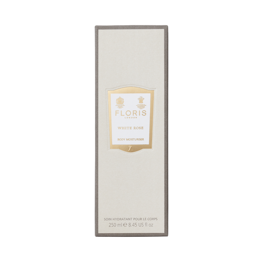 A rectangular box of Floris London White Rose - Enriched Body Moisturiser, 250 ml, with sweet almond oil and a beige-gold label.