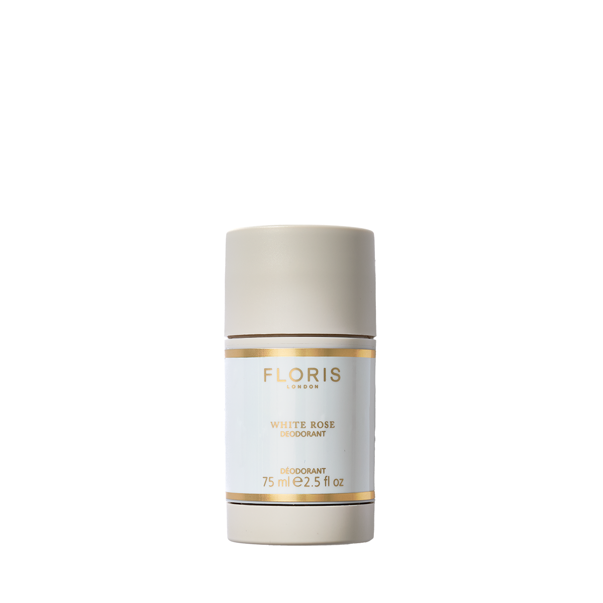 Floris London EU White Rose - Deodorant Stick, 75ml, alcohol-free and ideal for sensitive skin, with beige cap and gold-detailed white label.