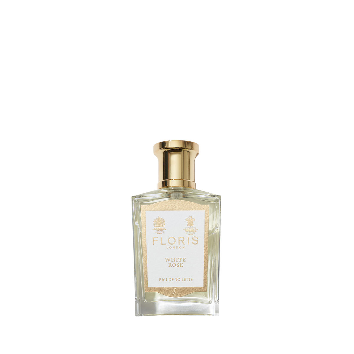 A clear glass bottle of Floris London White Rose - Eau de Toilette, a vegan scent, features a gold cap and beige label against a plain white background.