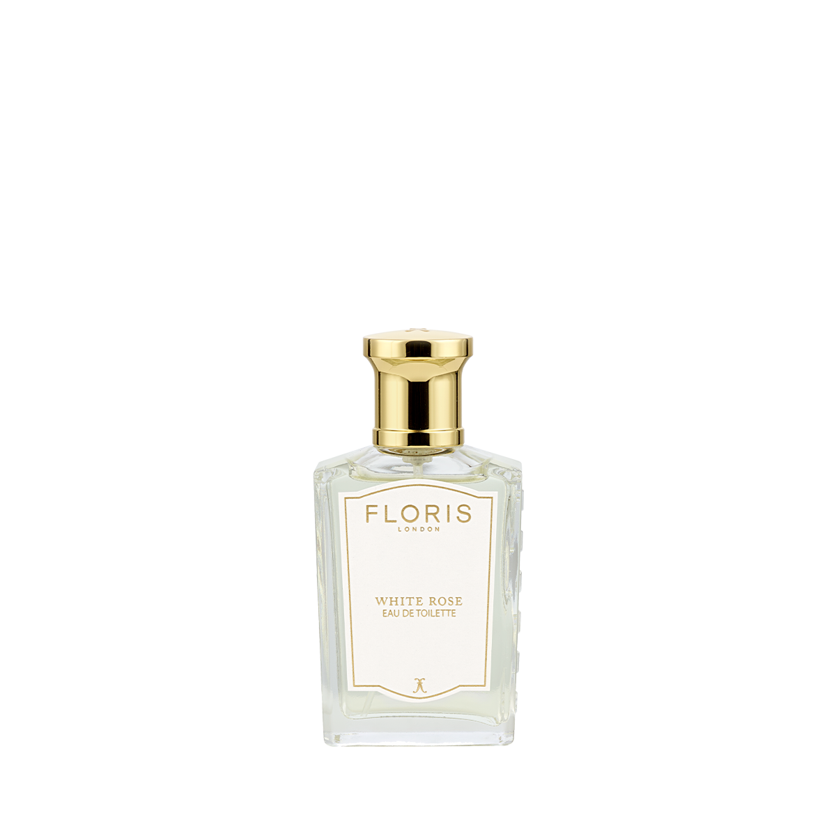 A clear rectangular glass bottle of Floris London’s White Rose - Eau de Toilette, featuring a gold cap and white label, set against a plain background.