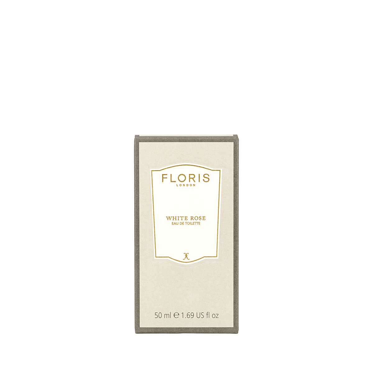 A rectangular beige box of Floris London White Rose - Eau de Toilette, vegan perfume, 50ml, displayed against a plain light background.