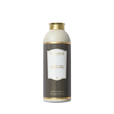 A 100g cylindrical container of Floris London EU White Rose - Fragrance Powder with a gold cap and gray-and-white label, shown on white background.