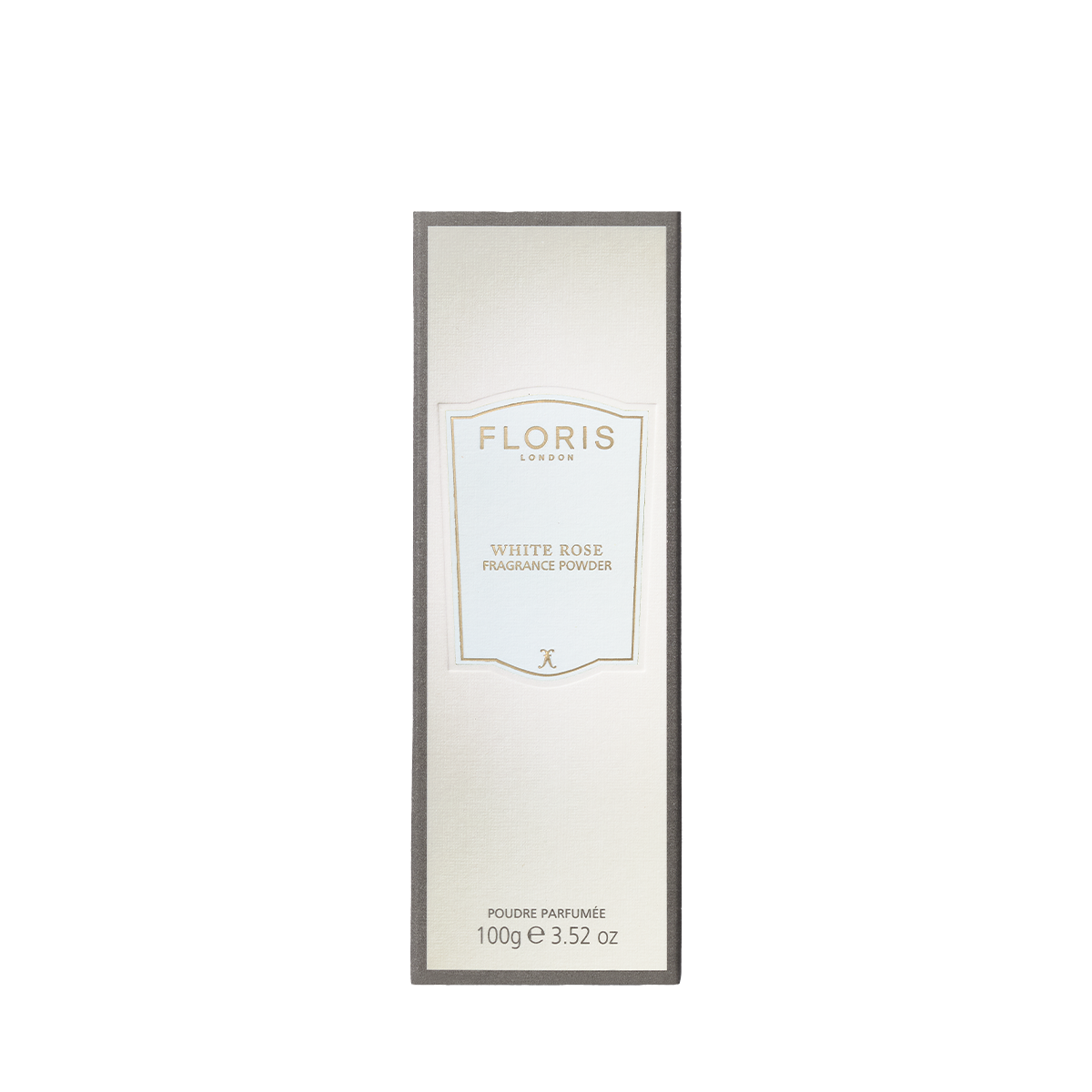 Rectangular box of Floris London EU White Rose - Fragrance Powder, 100g, with a cream label and grey border on a white background.