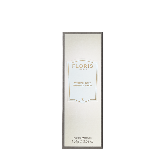Rectangular box of Floris London EU White Rose - Fragrance Powder, 100g, with a cream label and grey border on a white background.