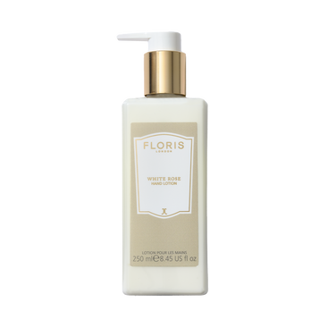 Floris London EU White Rose Hand Lotion, 250ml (8.45 fl oz), rectangular bottle with gold pump, enriched with sweet almond oil for dry skin.