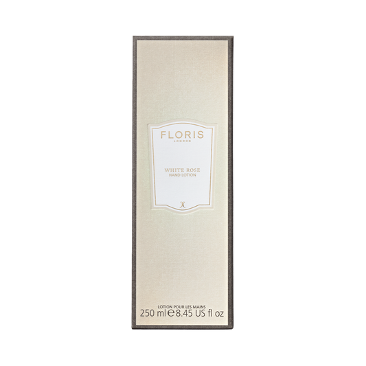 Floris London EU White Rose - Hand Lotion for dry skin, 250 ml, in a rectangular box with a minimalist cream and white design.