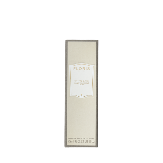 A rectangular box of Floris London EU White Rose - Hand Treatment Cream, a luxury cream for very dry hands, with a minimal white and beige design.