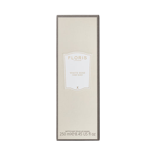 A rectangular beige Floris London EU White Rose - Hand Wash box, 250 ml, displays gentle coconut and olive ingredients and mild hand wash details.