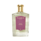 A clear glass bottle of Wilde - Eau de Parfum by Floris London EU, with a gold cap and purple label, displayed against a crisp white background.