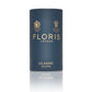 Blue cylinder box embossed with gold lettering reading 'Floris London classic collection'.