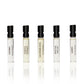 five 2ml sample vials in a row as follows from left to right: Cefiro, Neroli voyage, leather oud, special no.127 and limes.