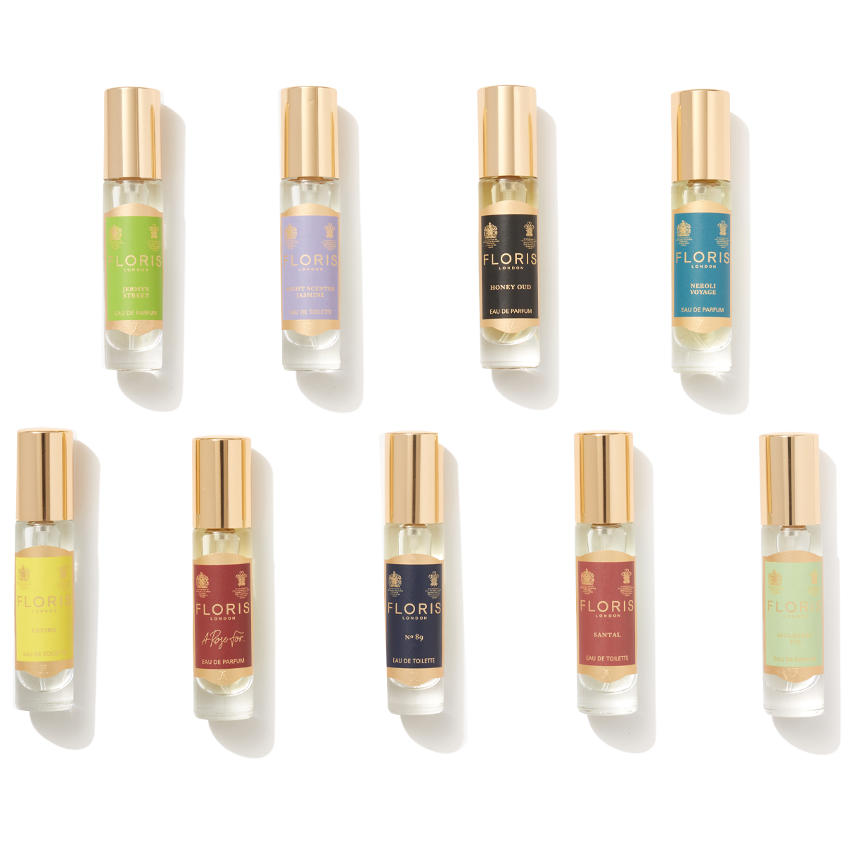 the 9 fragrances contained in the fragrance case from left to right: jermyn street, night scented jasmine, honey oud, neroli voyage, cefiro, a rose for, no.89, santal and mulberry fig.