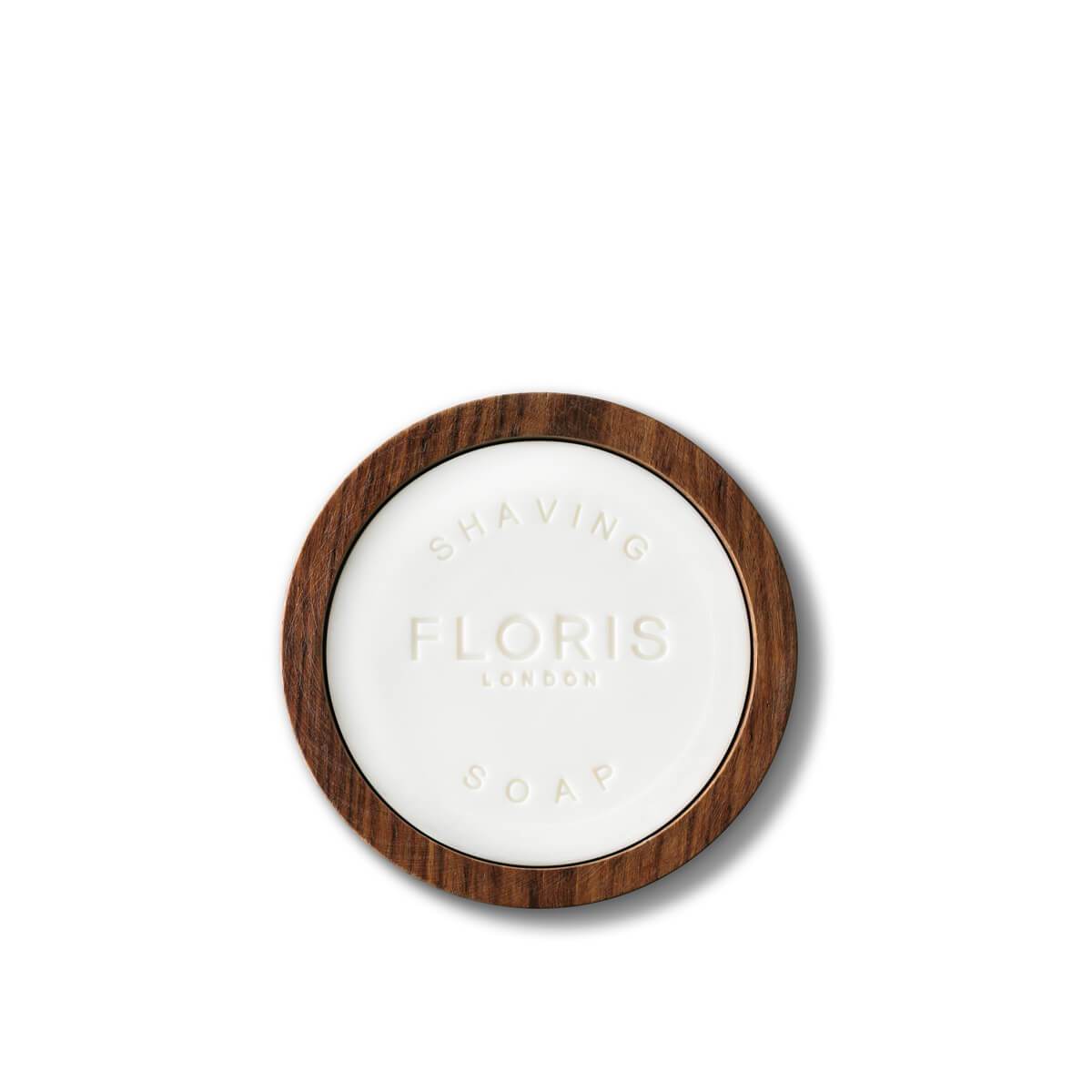 No. 89 white Shaving Soap embossed with Floris logo in a round dark wooden bowl 