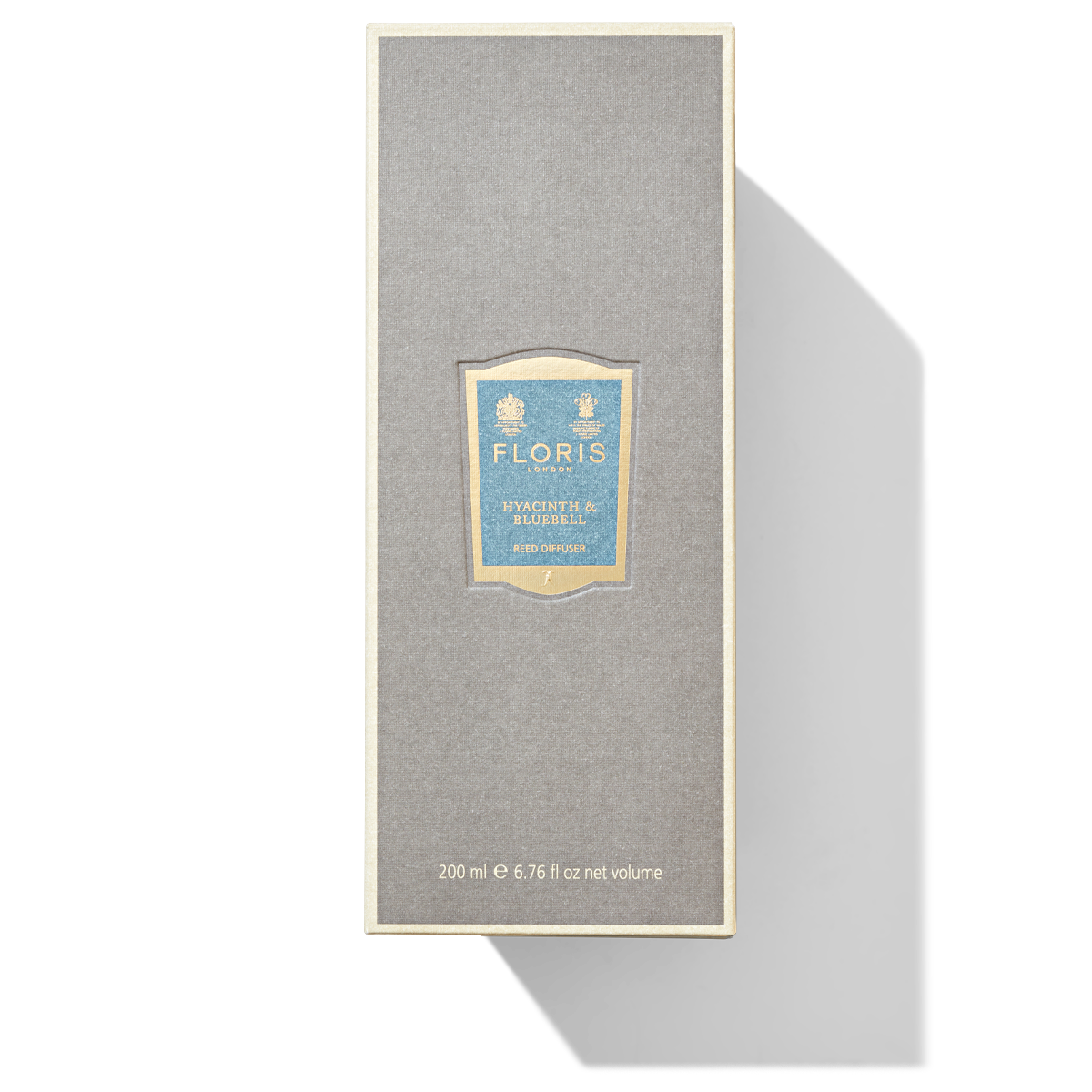 Grey packaging box for the Hyacinth and bluebell reed diffuser with blue and gold labelling on the front.