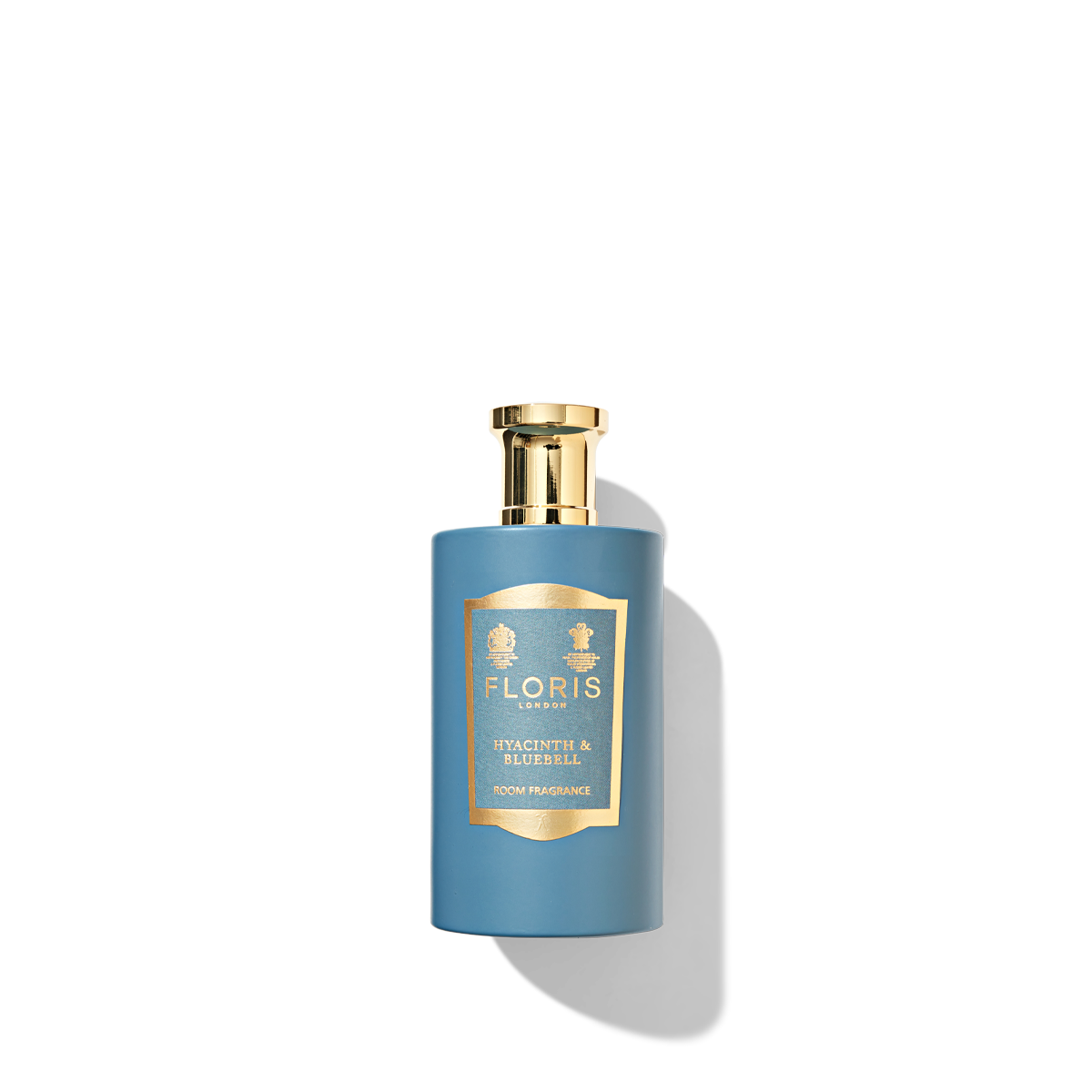 Hyacinth & Bluebell Room Fragrance in medium blue bottle with blue and gold label