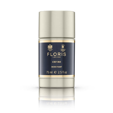 75ml grey bottle with grey lid, navy blue and gold label reading 'Cefiro deodorant'.