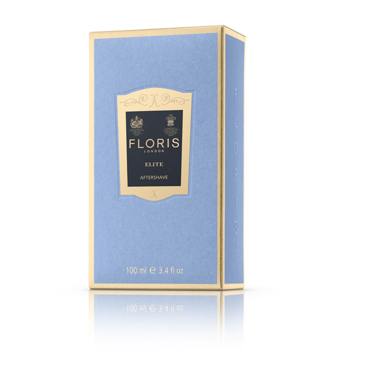 Light blue packaging box with dark blue and gold label reading 'Elite aftershave'.