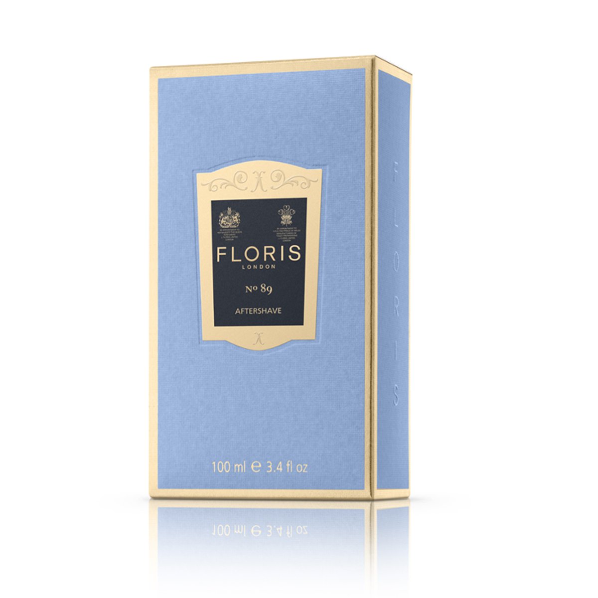 Large blue box with a navy and gold label, containing the No. 89 Aftershave