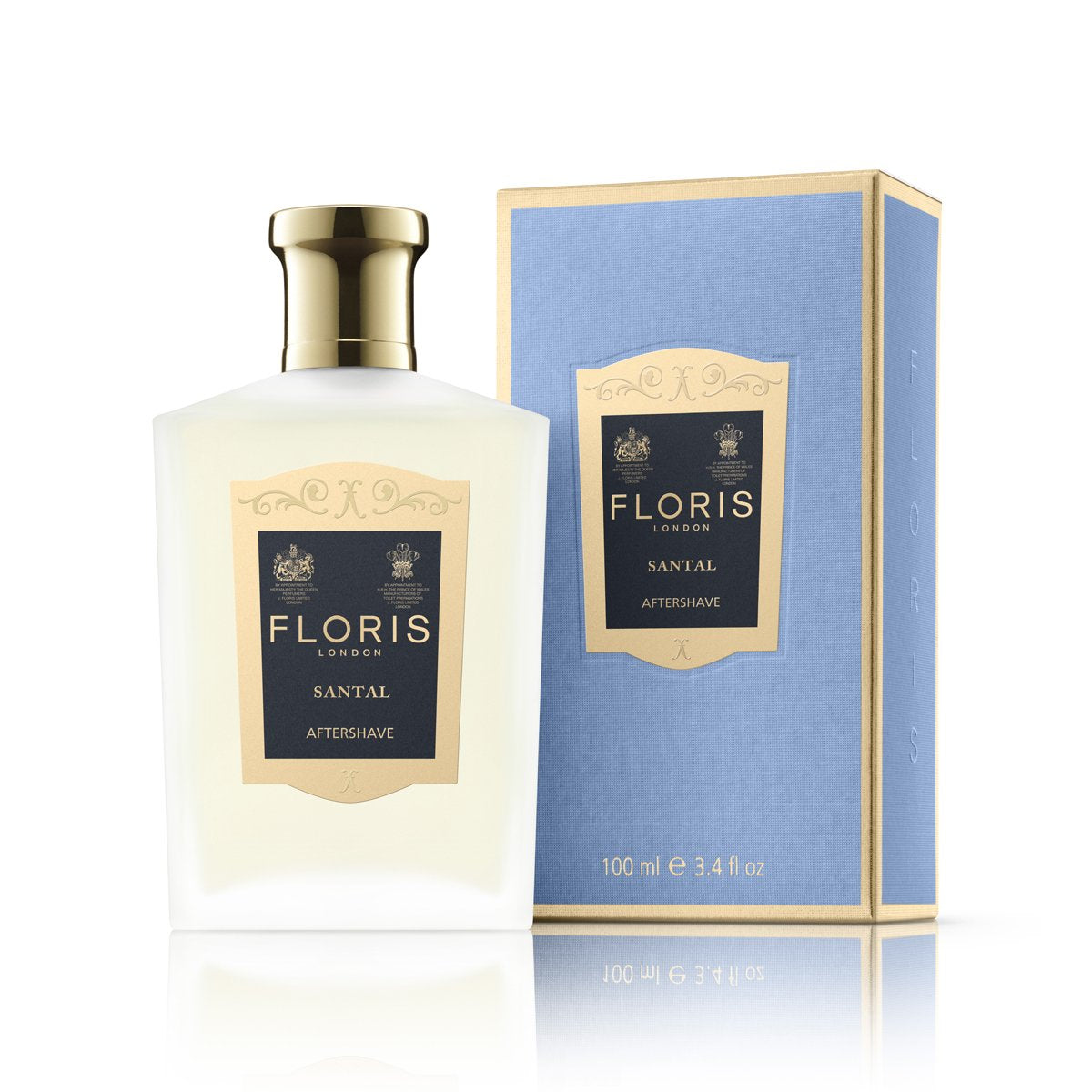 Floris london Santal aftershave in a frosted bottle next to a light blue packaging box with a navy blue and gold label attached.
